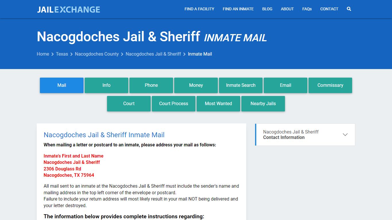 Inmate Mail - Nacogdoches Jail & Sheriff, TX - Jail Exchange